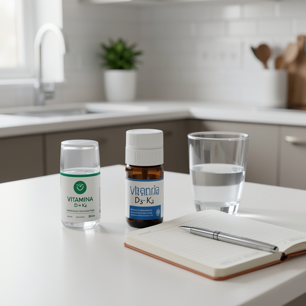 Vitamina D3 + K2 sobre una superficie clara de cocina junto a un vaso de agua y una libreta de rutina