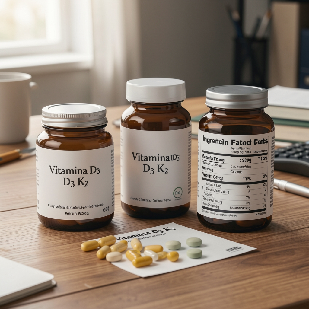 Ingredientes de Vitamina D3 y K2 organizados sobre una mesa de estudio con etiqueta nutricional