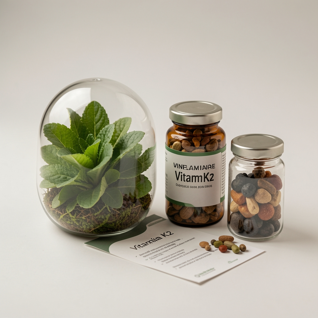 Cápsula vegetal y frascos de ingredientes de Vitamina K2 y minerales junto a una hoja informativa