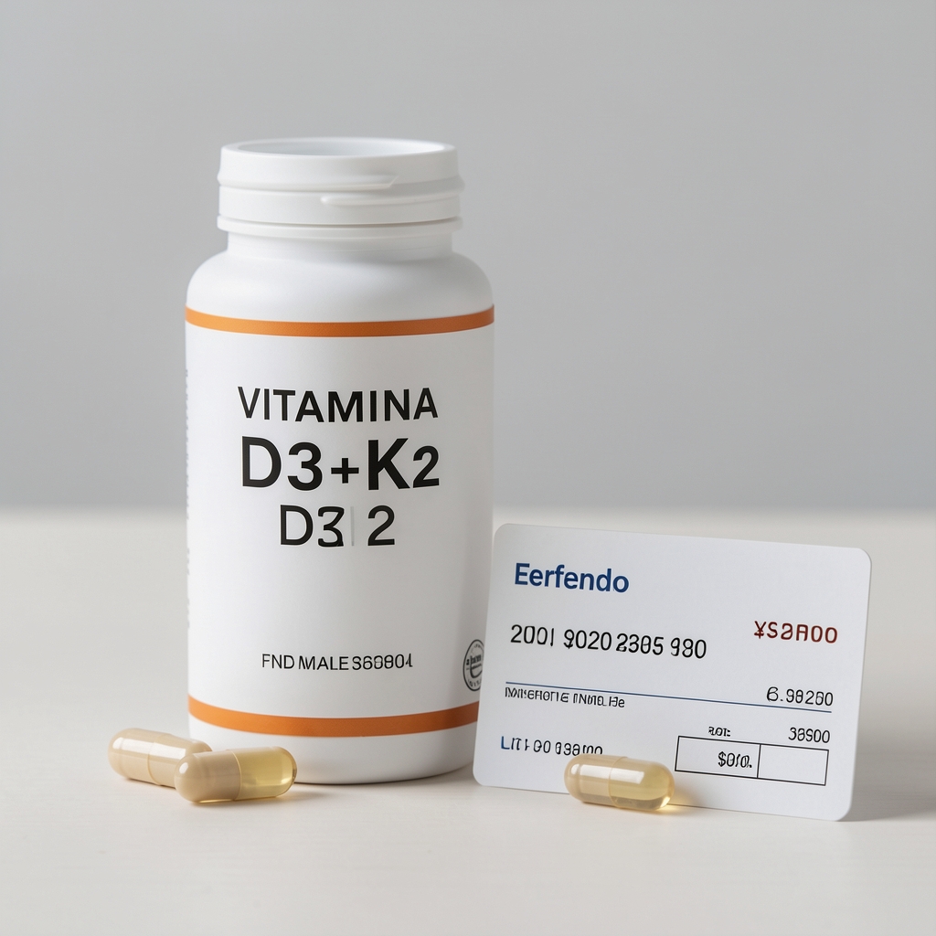 Detalle del envase de Vitamina D3 + K2 junto a una cápsula y una tarjeta de pago contra entrega