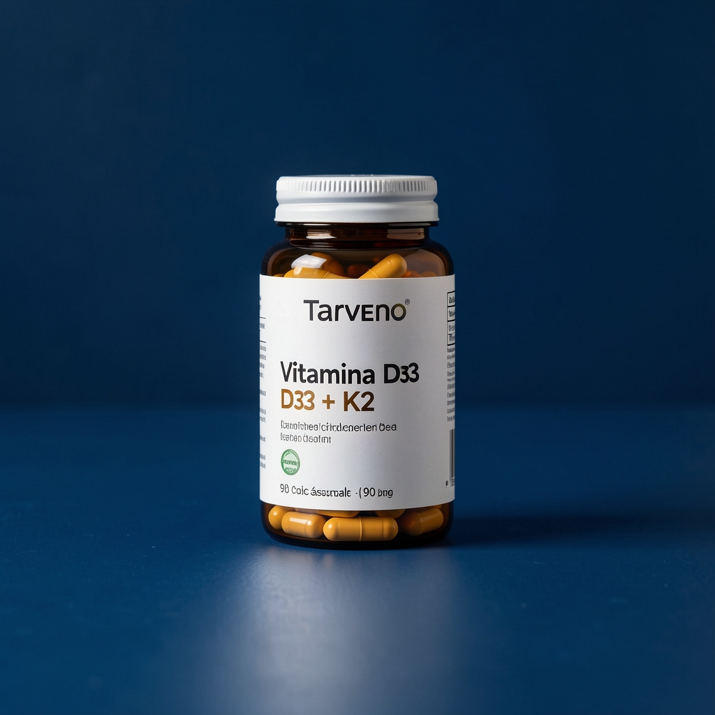 Envase elegante de Vitamina D3 + K2 de Tarveno con 90 cápsulas sobre mesa azul marino